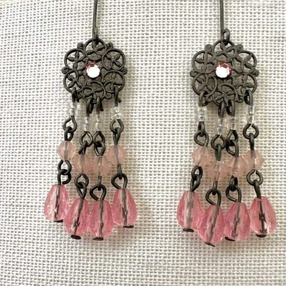 Pink silver tone chandelier earrings